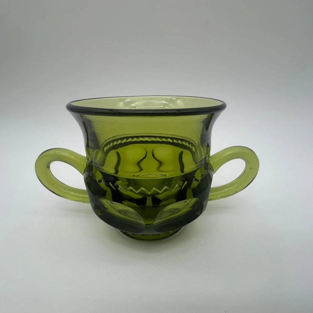Indiana Glass Kings Crown Thumbprint Olive Green Sugar Bowl and Tray Set Vintage